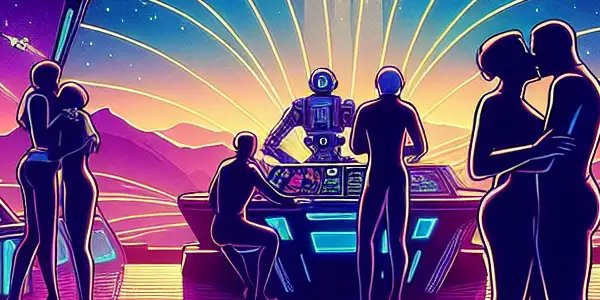 A diverse group of characters embarks on a dynamic space adventure in a neon-lit spaceship interior.