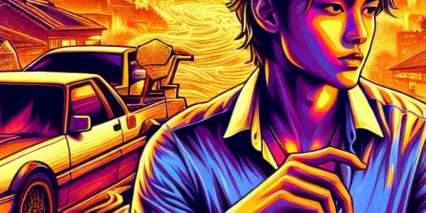 A charismatic young adult explores a vibrant urban nightlife, surrounded by symbols of wealth and allure.