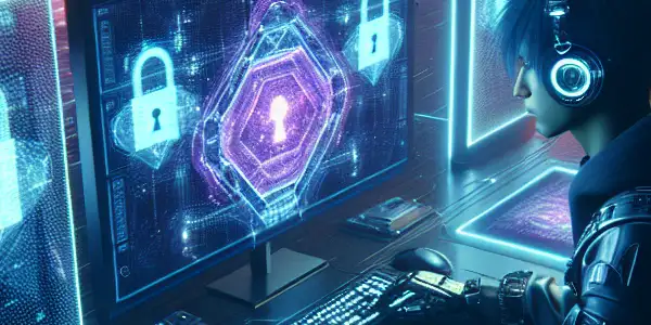 A gender-neutral figure in a high-tech room, focused on encrypted data, surrounded by holographic privacy symbols.