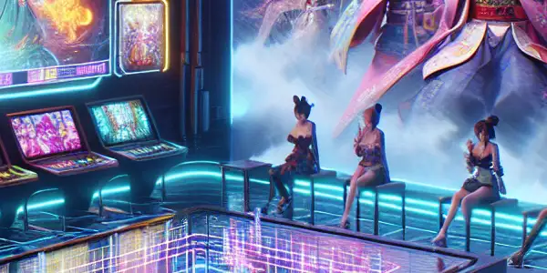 A high-tech gaming environment featuring holographic displays, anime-inspired characters, and vibrant neon colors, blending modern and traditional Japanese elements.