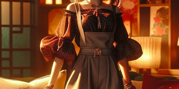 A cozy living room featuring a charming nanny, a storybook, wine, and Japanese-inspired decor, evoking romance and intrigue.