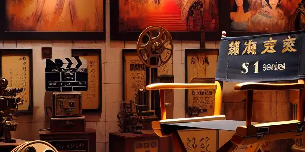 A vibrant film studio scene featuring a director's chair, vintage film reel, and posters of iconic Japanese actresses.