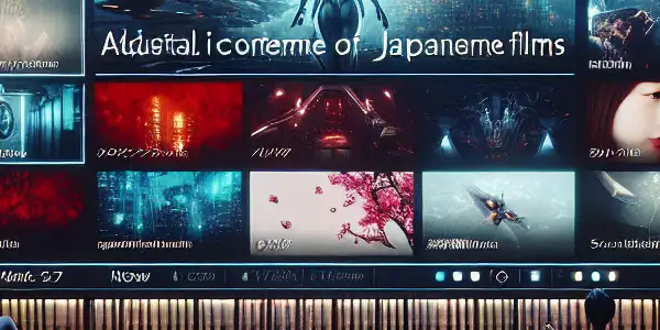 A futuristic digital interface showcasing a Japanese adult film platform with vibrant thumbnails and an intimate viewing atmosphere.