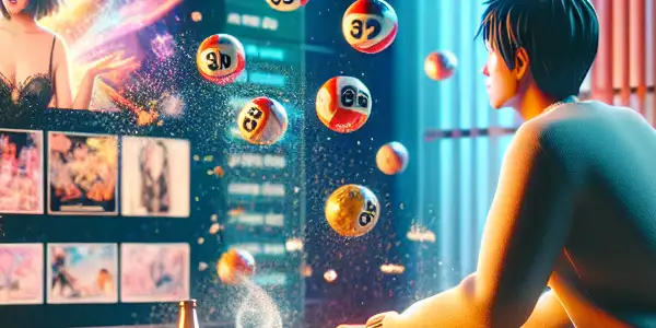 A user excitedly engages with an online adult lottery platform in a cozy, dimly lit room.