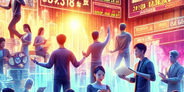 A diverse group of investors discussing stock trends in the adult film industry, surrounded by digital screens and film imagery.