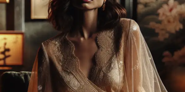 A mature woman in a stylish outfit exudes elegance and allure in a tastefully decorated Japanese-inspired room.