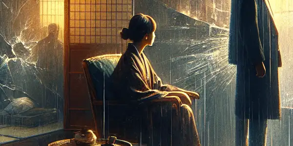 A tense, dimly lit room with a conflicted character gazing out a rain-soaked window, hinting at complex relationships.