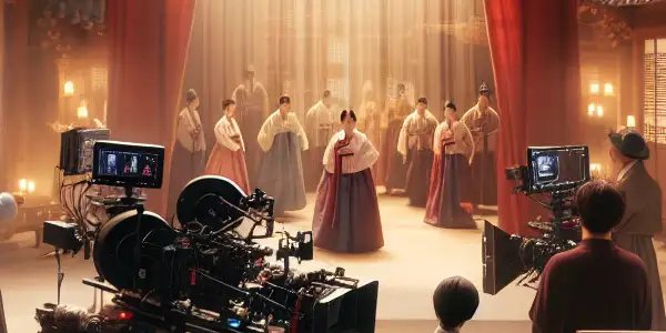 A vibrant film set showcasing South Korean adult film industry elements, featuring actors, a director, and modern equipment.