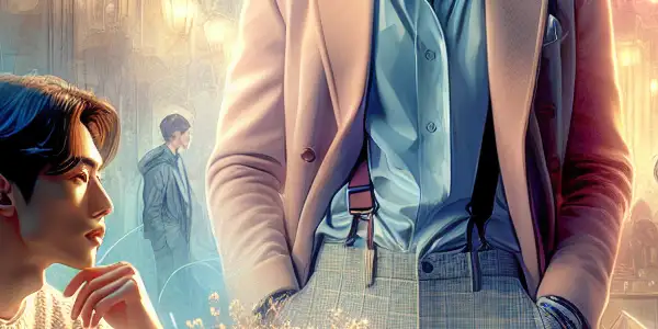 A charismatic male lead and female character share a playful moment in a whimsical café, hinting at romance and intrigue.