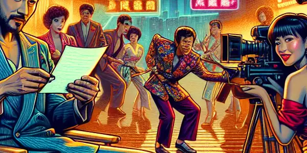 A vibrant 1980s Hong Kong film set featuring actors in colorful costumes, neon lights, and retro erotic film posters.