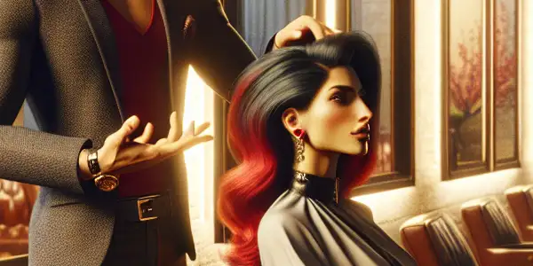 A modern hair salon scene featuring a charismatic stylist playfully engaging with a client in a flirtatious atmosphere.