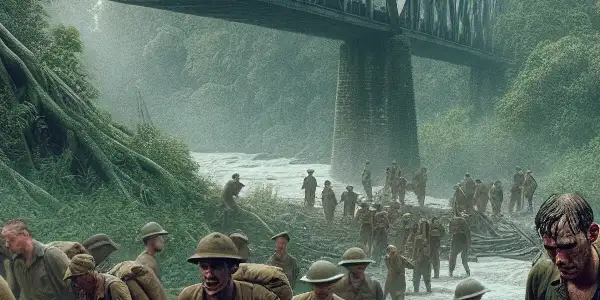 British prisoners of war labor under Japanese soldiers on a wooden bridge in a dense WWII jungle.