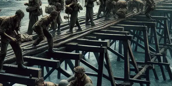 British POWs constructing a wooden bridge over a tropical river, surrounded by jungle and guarded by stern soldiers.
