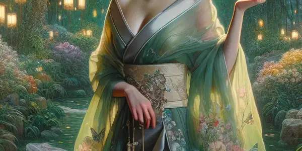 An elegant actress in a traditional Japanese outfit, set in a lush garden filled with cherry blossoms.