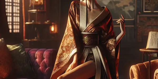 A charismatic woman in a luxurious, dimly lit room, exuding allure and intrigue with rich textures and warm colors.