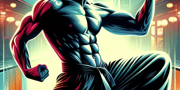 A muscular martial artist in a kung fu pose against a vibrant urban landscape at dusk.