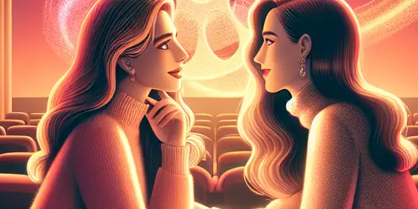 Two women share a heartfelt conversation in a cozy, warmly lit indoor setting, surrounded by film-themed decor.