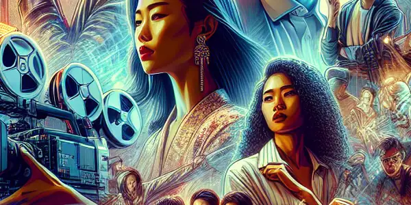 A vibrant film set featuring a diverse cast in motion, reflecting modern Japanese adult film culture in 2023.