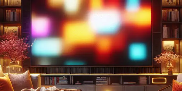 A cozy room with a plush sofa, ambient lighting, and a modern TV, inviting relaxation and film enjoyment.