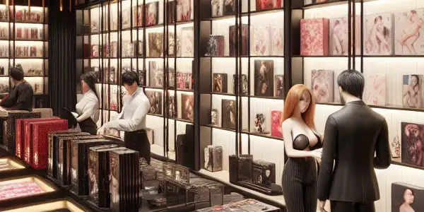 A modern adult toy store interior with diverse customers, elegant shelves, and a warm, inviting atmosphere.