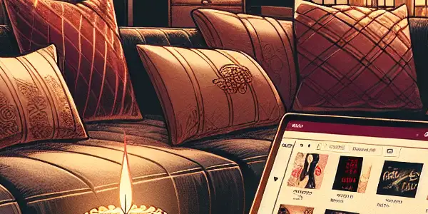 A cozy, dimly-lit room with a laptop displaying adult films, wine, cushions, and a stylish bookshelf.