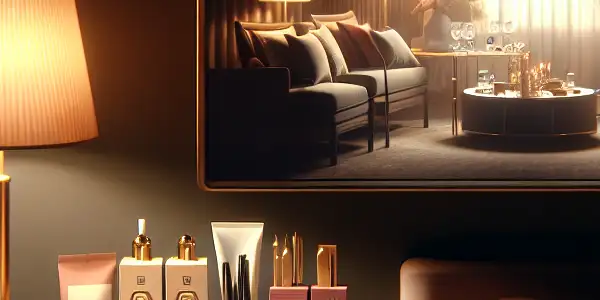 A modern bedroom scene featuring a bedside table with stylish condom packaging and a romantic atmosphere.