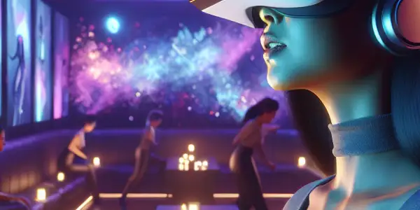 A person in a modern VR lounge, immersed in colorful adult content with a dreamy, high-tech atmosphere.