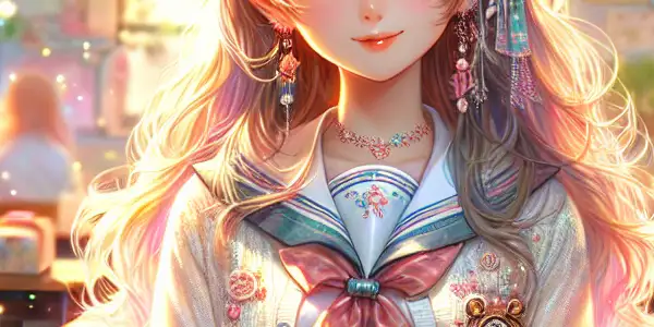 A charming young woman in a colorful classroom, embodying playful innocence and alluring confidence amidst a dreamy, romantic backdrop.