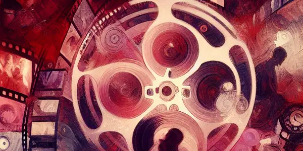 A captivating collage of film reels and silhouettes evoking romance and allure in Japanese adult cinema.
