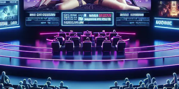 A bustling futuristic movie theater showcasing Japanese adult films with vibrant screens and high-tech digital displays.